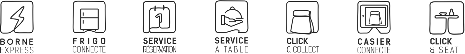 Borne Express, Frigo connecté, Service restauration, Service à table, Click & Collect, Casier connecté, Click & Seat Borne Express, Frigo connecté, Service restauration, Service à table, Click & Collect, Casier connecté, Click & Seat